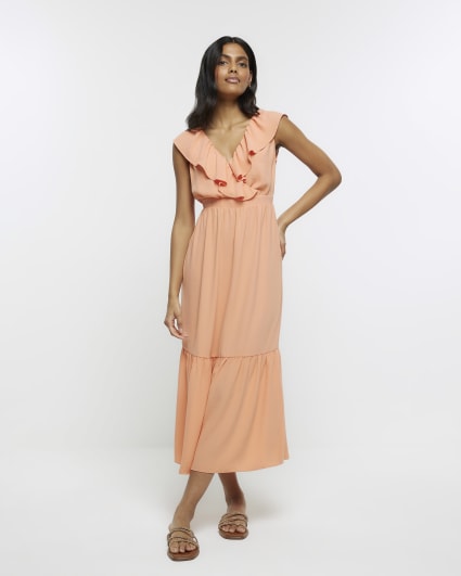 Coral frill swing maxi dress