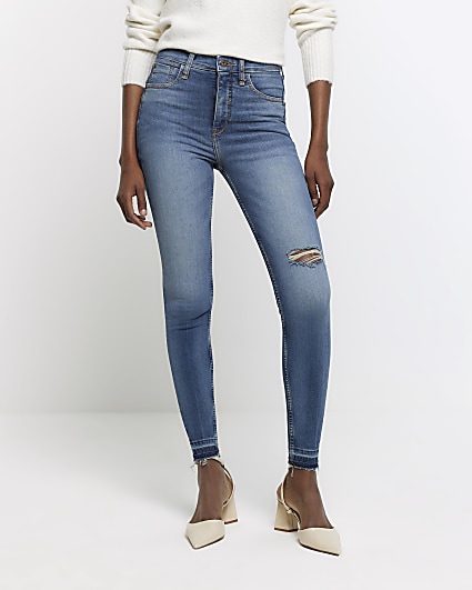 Blue ripped high waisted super skinny jeans