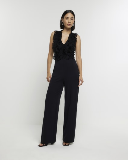 Black frill wide leg jumpsuit