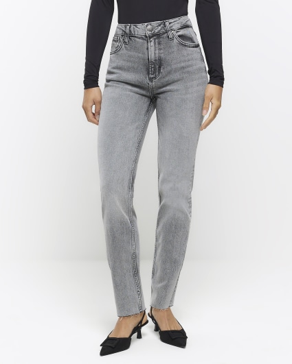 Grey high waisted slim straight jeans