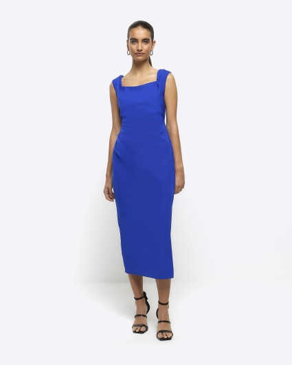 Blue ruched bodycon midi dress