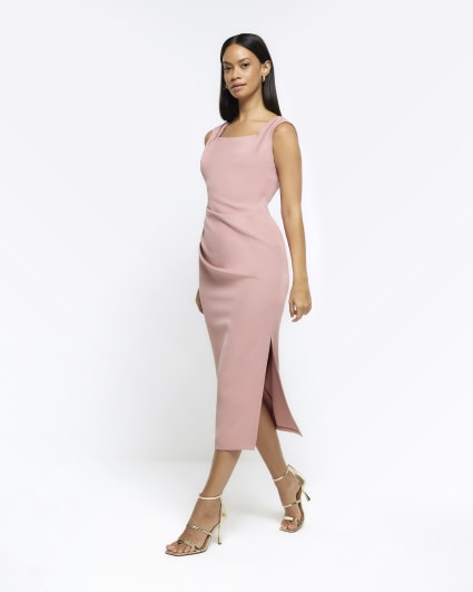 Pink ruched bodycon midi dress