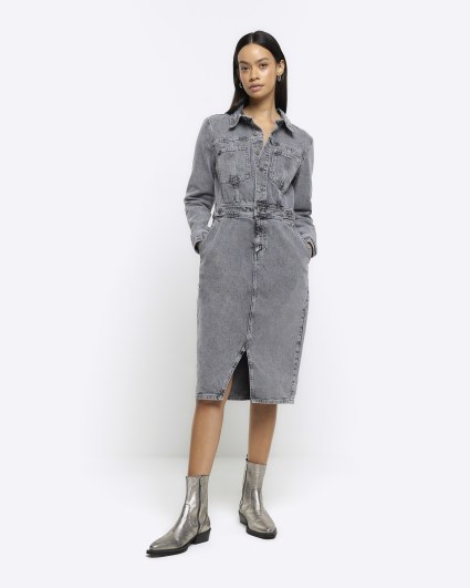 Grey button front denim midi shirt dress