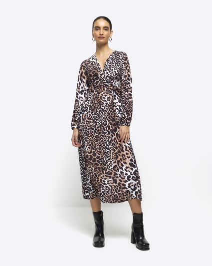 Black leopard print knot swing midi dress