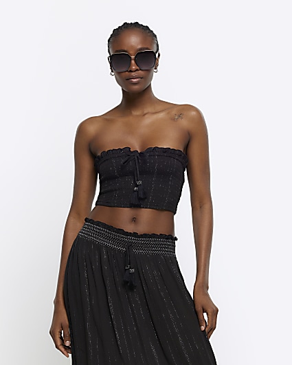 Black shirred metallic bandeau top