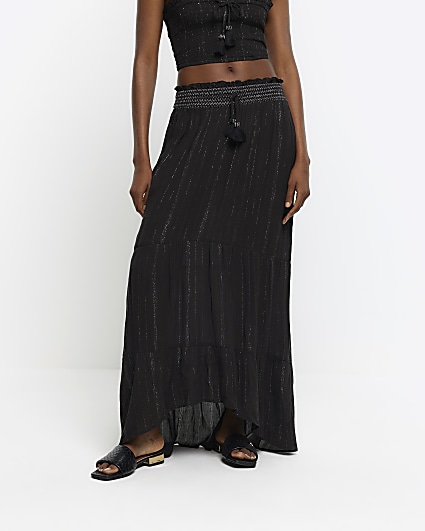 Black shirred metallic maxi skirt