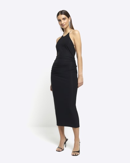 Black chain back slip midi dress