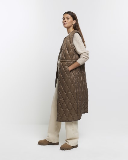 Brown quilted longline gilet