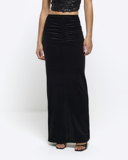 Black velvet ruched bodycon maxi skirt