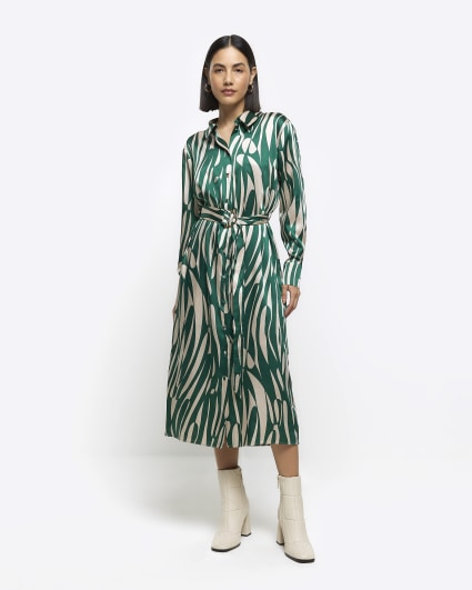 Green abstract belted midi shirt dress