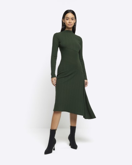 Green rib asymmetric bodycon midi dress