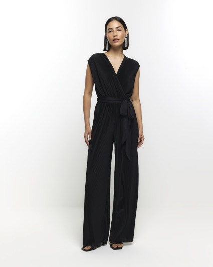 Black plisse wide leg wrap jumpsuit