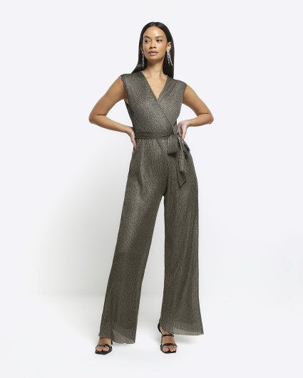 Bronze plisse wide leg wrap jumpsuit