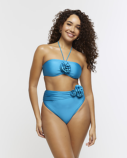 Blue corsage halter bikini top