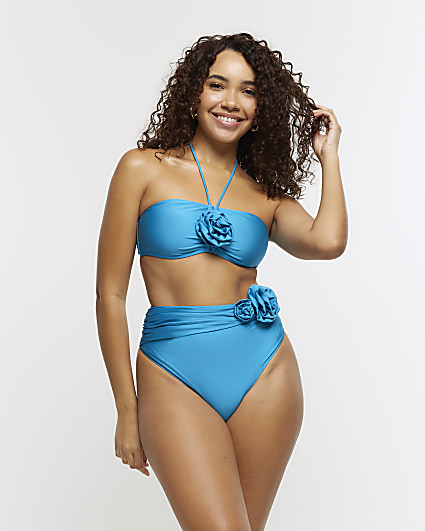 Blue high waisted corsage bikini bottoms