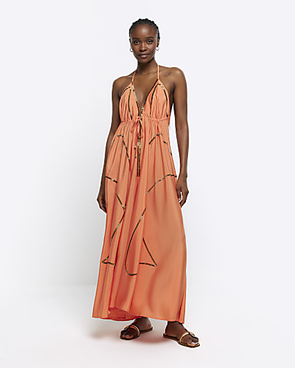 Coral embellished plunge beach maxi dress