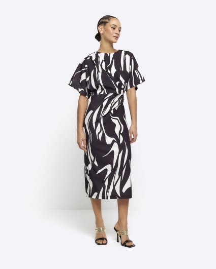 Black abstract wrap bodycon midi dress