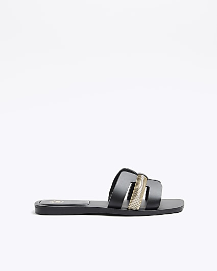 Black leather flat sandals