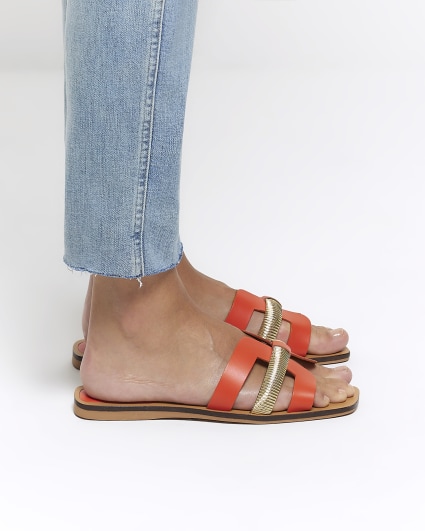 Orange leather flat sandals