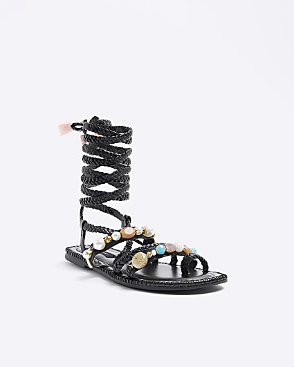 Black beaded tie up gladiator sandals