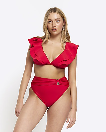 Red Frill Plunge Bikini Top