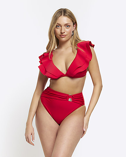 Red frill trim high waisted bikini brief
