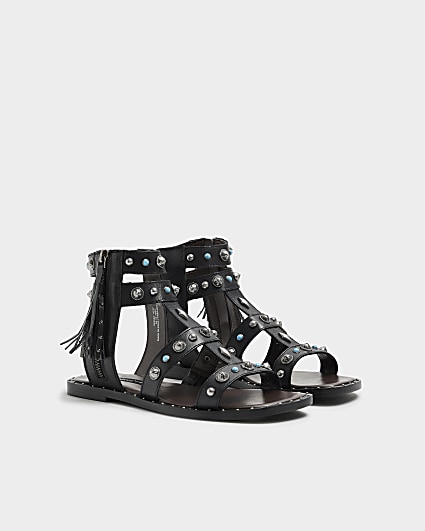 Black Leather Studded Gladiator Sandals