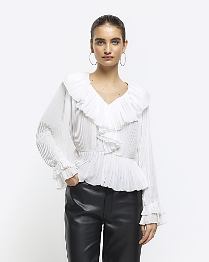 White plisse frill blouse