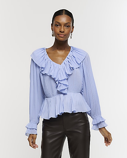 Blue plisse frill blouse