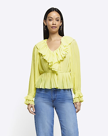 Yellow plisse frill blouse