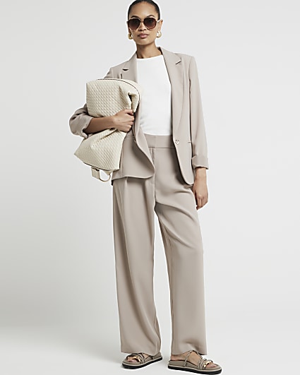 Beige elasticated wide leg trousers