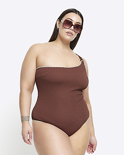 Plus brown stitched one shoulder swimsuit