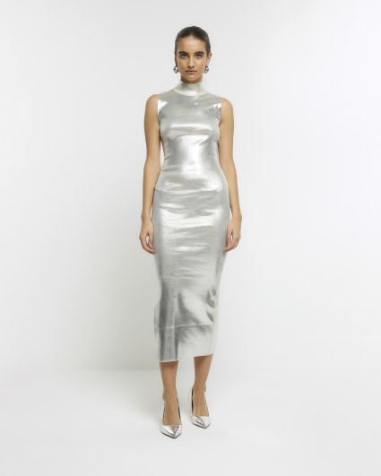 Silver metallic foil bodycon midi dress