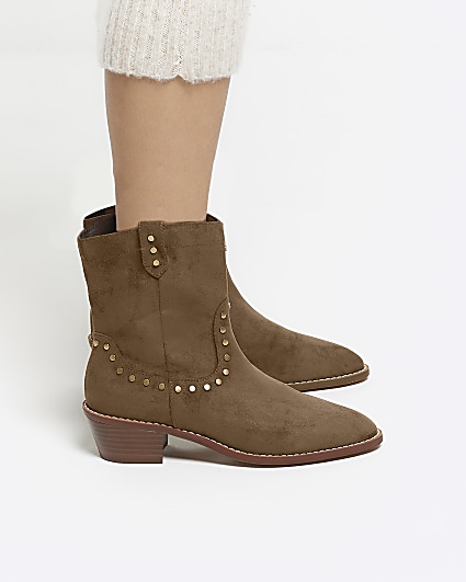 Brown studded western ankle boots