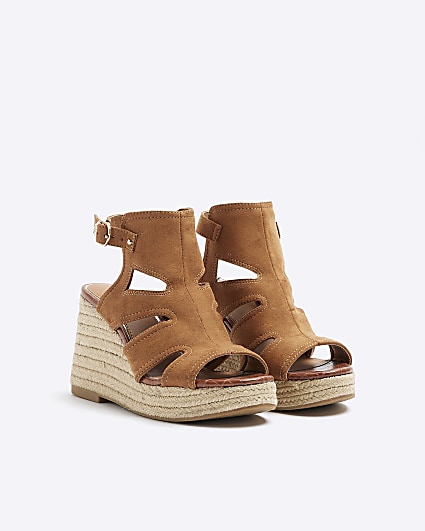 Brown suedette cut out wedge sandals