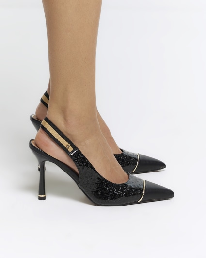 Black embossed monogram heeled court shoes