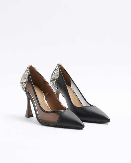 Black mesh panel heeled court shoes