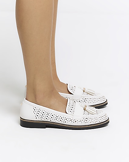 White cut out tassel loafers