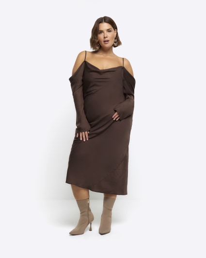 Plus brown cold shoulder slip midi dress