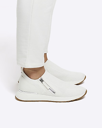 White knit side zip trainers