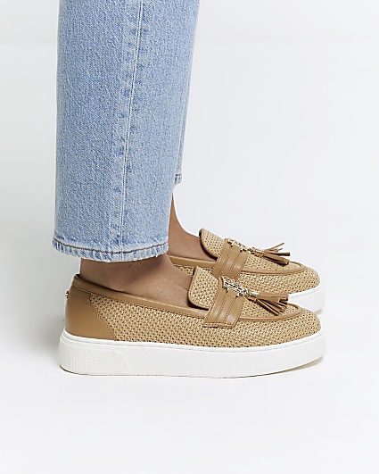 Beige raffia slip on trainers