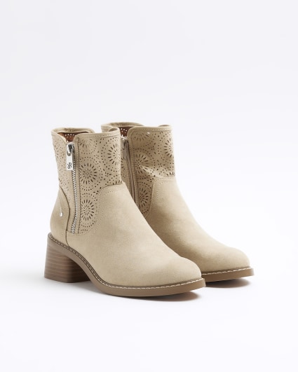 Beige cut out heeled ankle boots