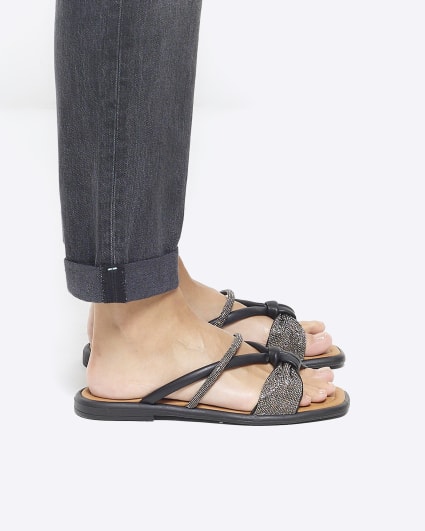 Black diamante bow flat sandals