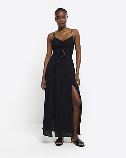 Black shirred top swing maxi dress