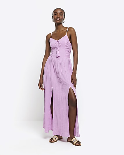 Purple shirred top swing midi dress