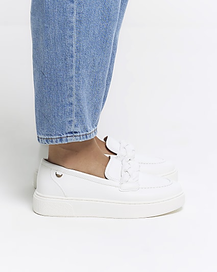 White plaited strap flatform loafers