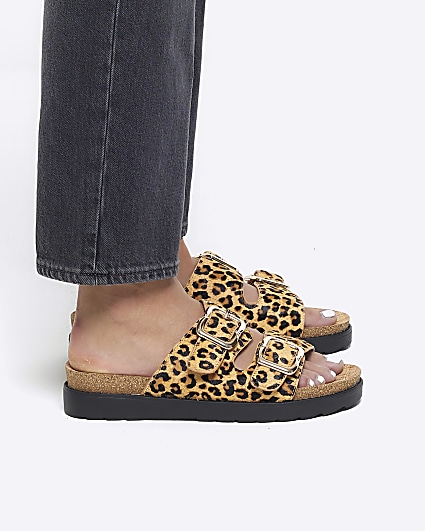 Brown Leather Leopard Print Buckle Sandals