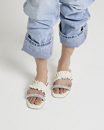 White leather ruffle strap sandals
