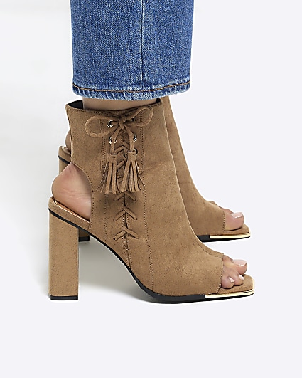 Beige lace up peep toe heeled ankle boots