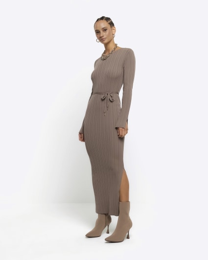 Beige rib tie waist jumper maxi dress